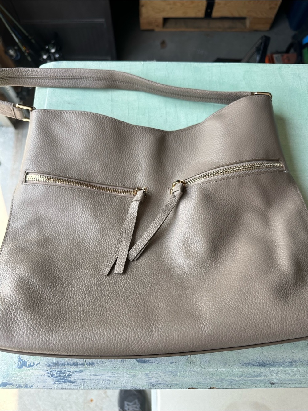Pebbled Leather Shoulder Bag in Taupe with Dual Zip Pockets